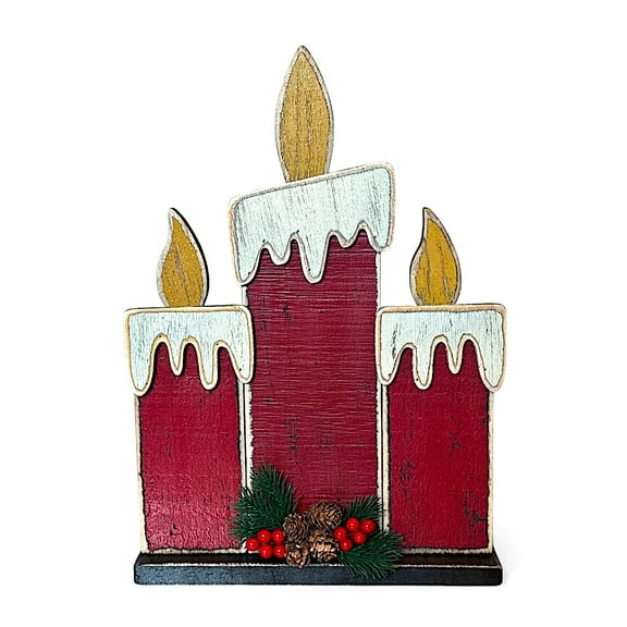 15” Wooden Candle Tabletop Christmas Decoration Red & White Rustic Farmhouse Holiday Centerpiece Red Candles Pinecones & Berries Winter Fireplace Mantel Shelf & Window Display for Home or Office
