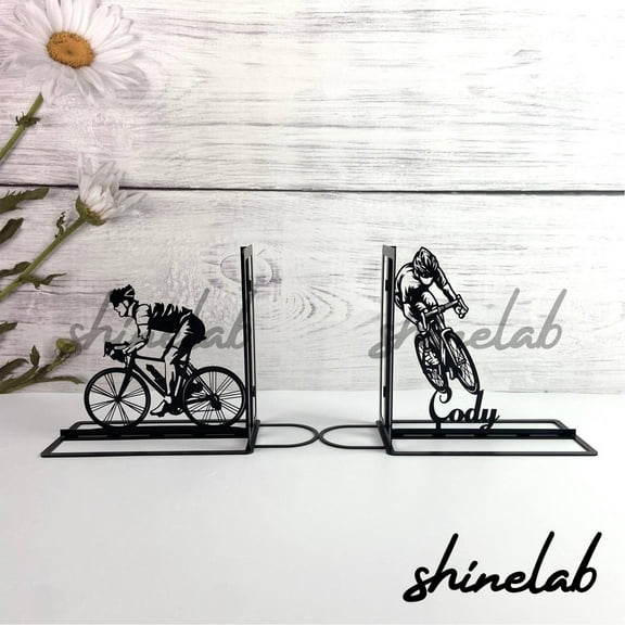 Shinelab Bicycle Rider Metal Bookends Cycling Name Bookend Gift, Sports Animal Desk Bookshelf Decor 5324