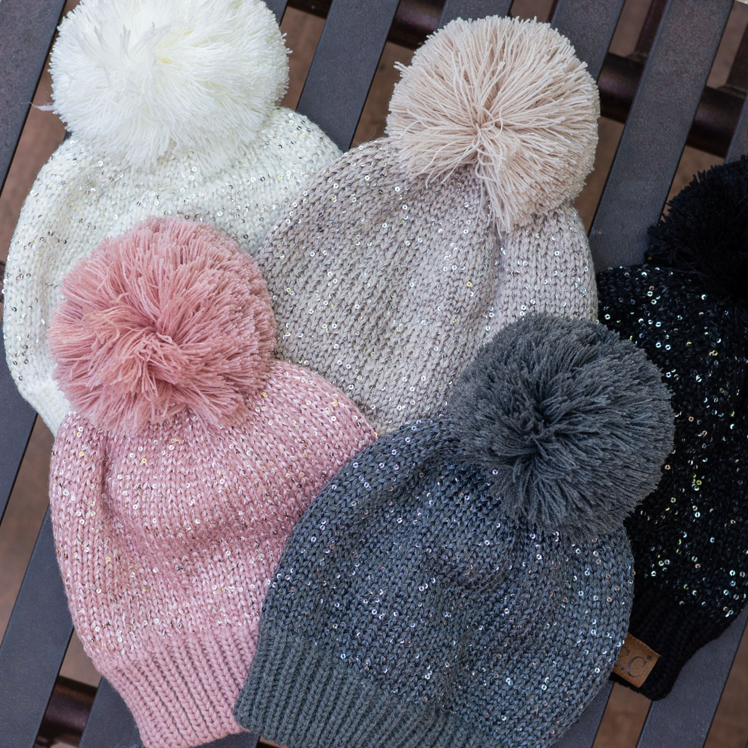 C.C Sequin Pom Winter Beanie Sparkle Cozy Warm Hat Unisex, Black Silver