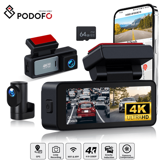 Podofo Dash Cam Front and Rear 4K Dash Camera for Cars with WiFi GPS App Control ADAS Dashcam,3.16 inch IPS Screen Dash Cam with G-Sensor,Loop Recording,Night Vision Dashboard Camera Free 64GB Card