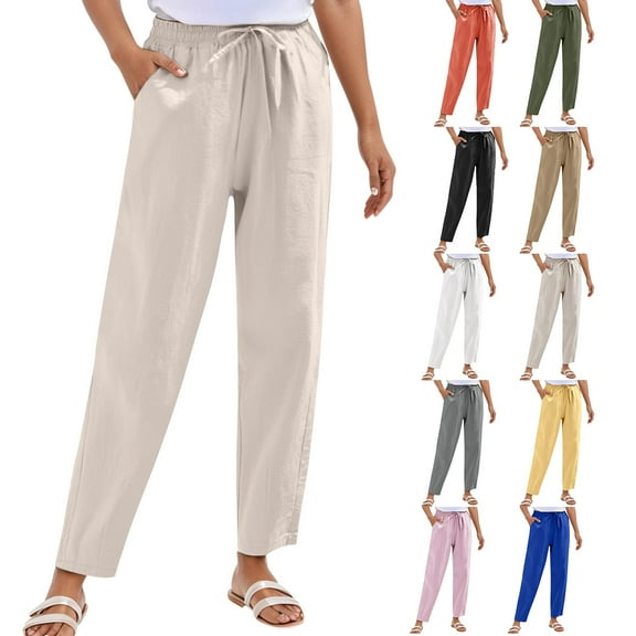 Linen Pants Women Elastic Drawstring Straight Beach Trousers With Pockets Beige Lounge Pajama Pant L