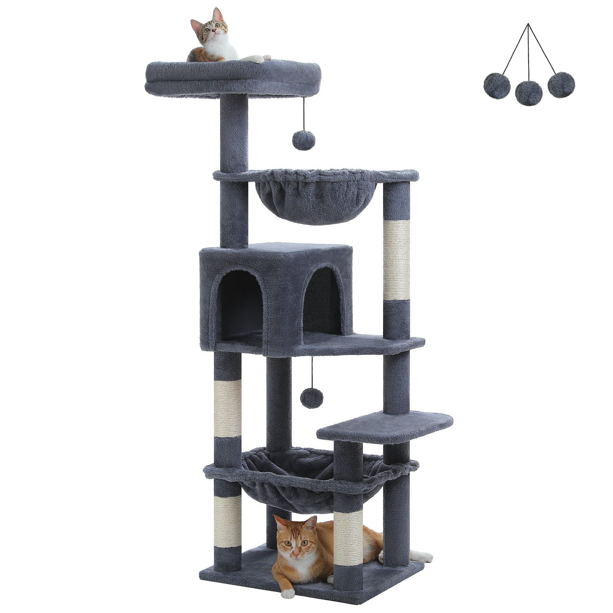 PAWZ Road 49" Large Cat Tree Multi-Level Scratcher with Two Hammocks&Condo for Indoor Cats Dark Gray