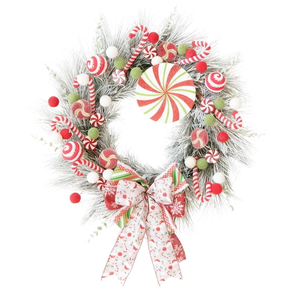 Tempus 24 in Artificial Christmas Wreaths for Front Door Frosted Pine with Ornaments & Candy