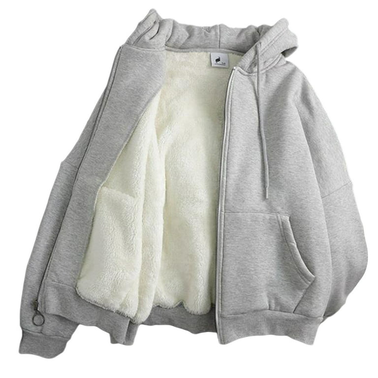 CKLC Women's Hoodie Drawstring Hood Thin Fleece Lined Jacket with Pocket Front Zipper M Light Grey, Size: Medium, Gray