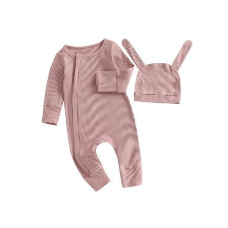 

Bagilaanoe Newborn Baby Girl Boys Jumpsuit Long Sleeve Bodysuit + Hat 3M 6M 12M 18M Infant Zip Up Ribbed One Piece Romper