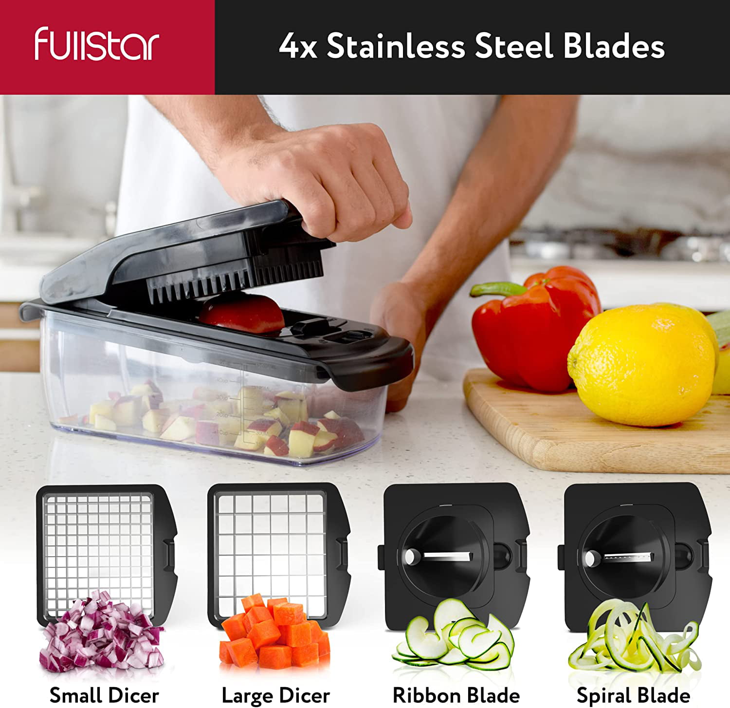 Fullstar - Vegetable Chopper, Food Chopper with Glass Storage Container - 3  Blades, White