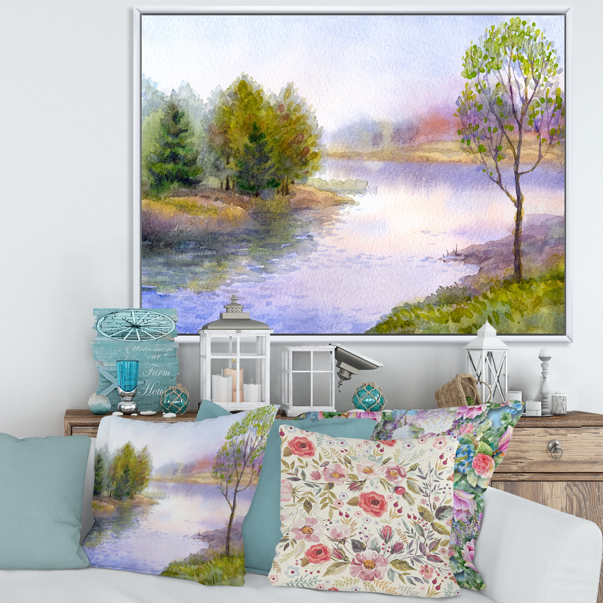 Trees On The Bank Of River 20 in x 12 in Framed Painting Canvas Art Print, by Designart