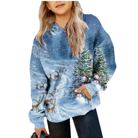Lorytime Hoodies for Teen Girls Boys Christmas Tree Snowman Fleece Sweatshirt Crew Neck Long Sleeve Pullover Tops