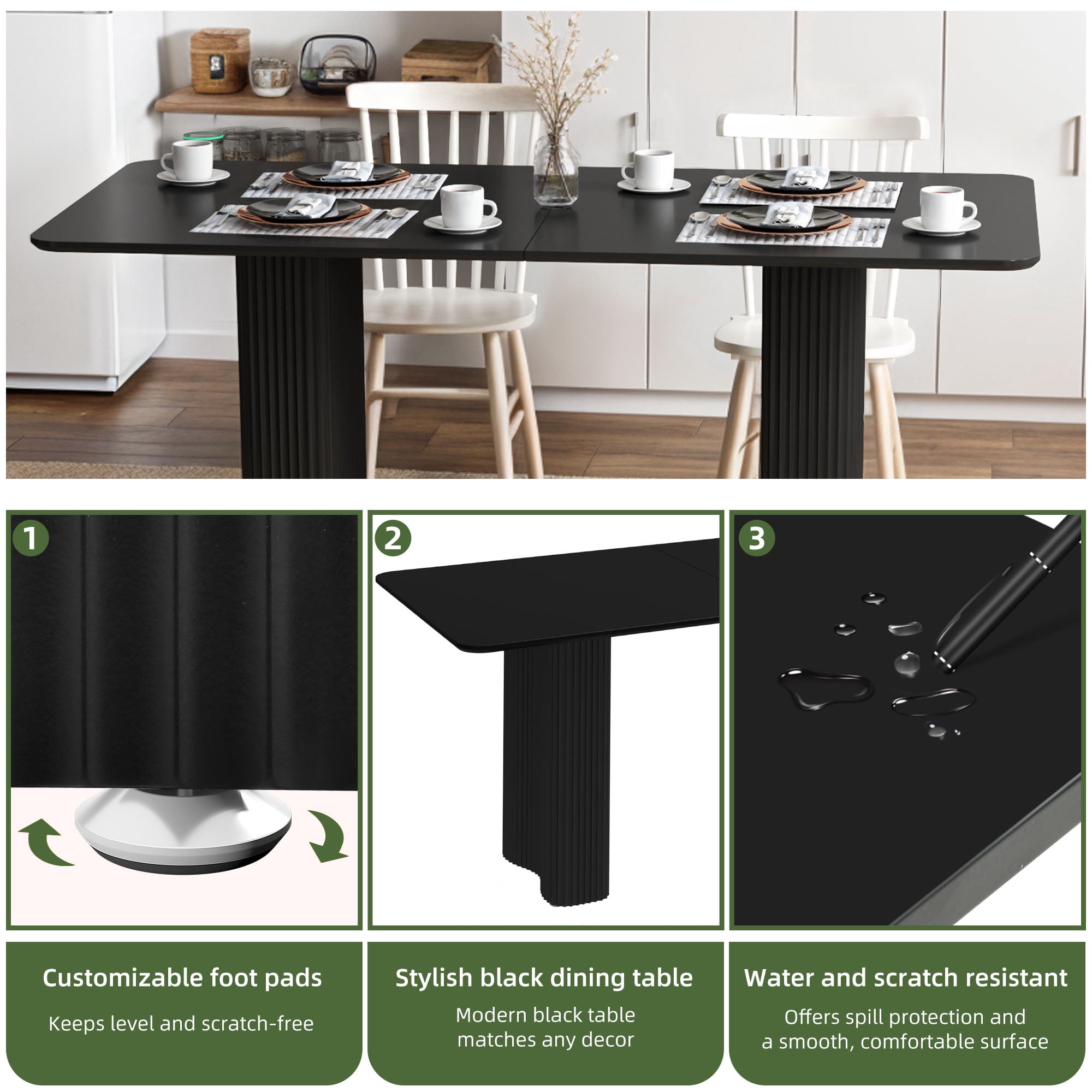 Uforic 63" Modern Dining Table with Curved Wave Legs, Rectangular Kitchen Table for 4-6 Person,Black
