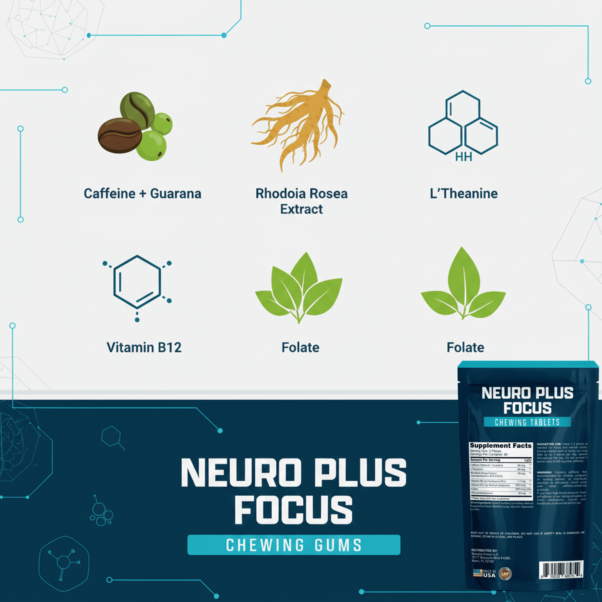 Healblend Neuro Plus Focus Chewing Tablet - Peppermint Flavor - Nootropic Energy Tablet with Caffeine, L-Theanine, Rhodiola - Supports Memory, Mental Clarity & Concentration - 90 Pieces (2 Pack)