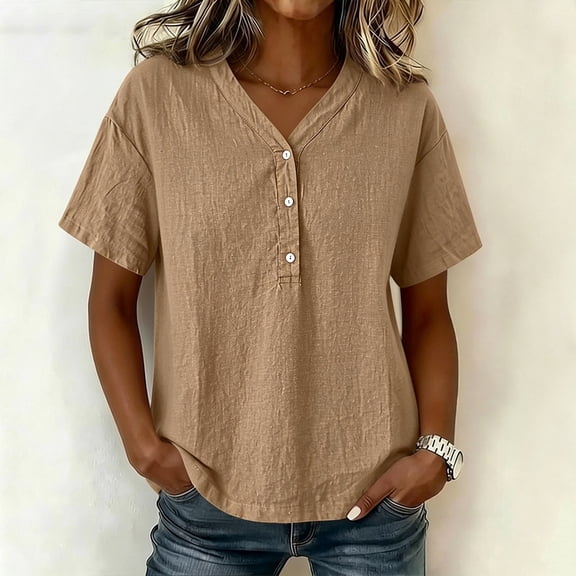ClodeEU Women's V Neck Short Sleeve T-Shirt, Casual Loose Fit Solid Color Henley Top Khaki,Women's Plus L