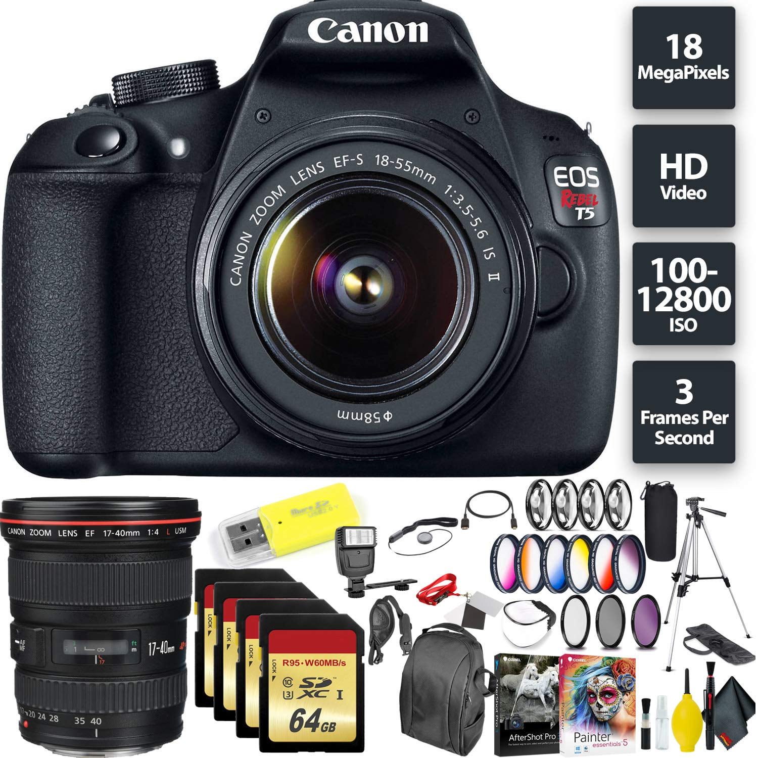 Canon EOS Rebel T5 DSLR Camera + 1855mm Lens + 256GB Memory Card (4X