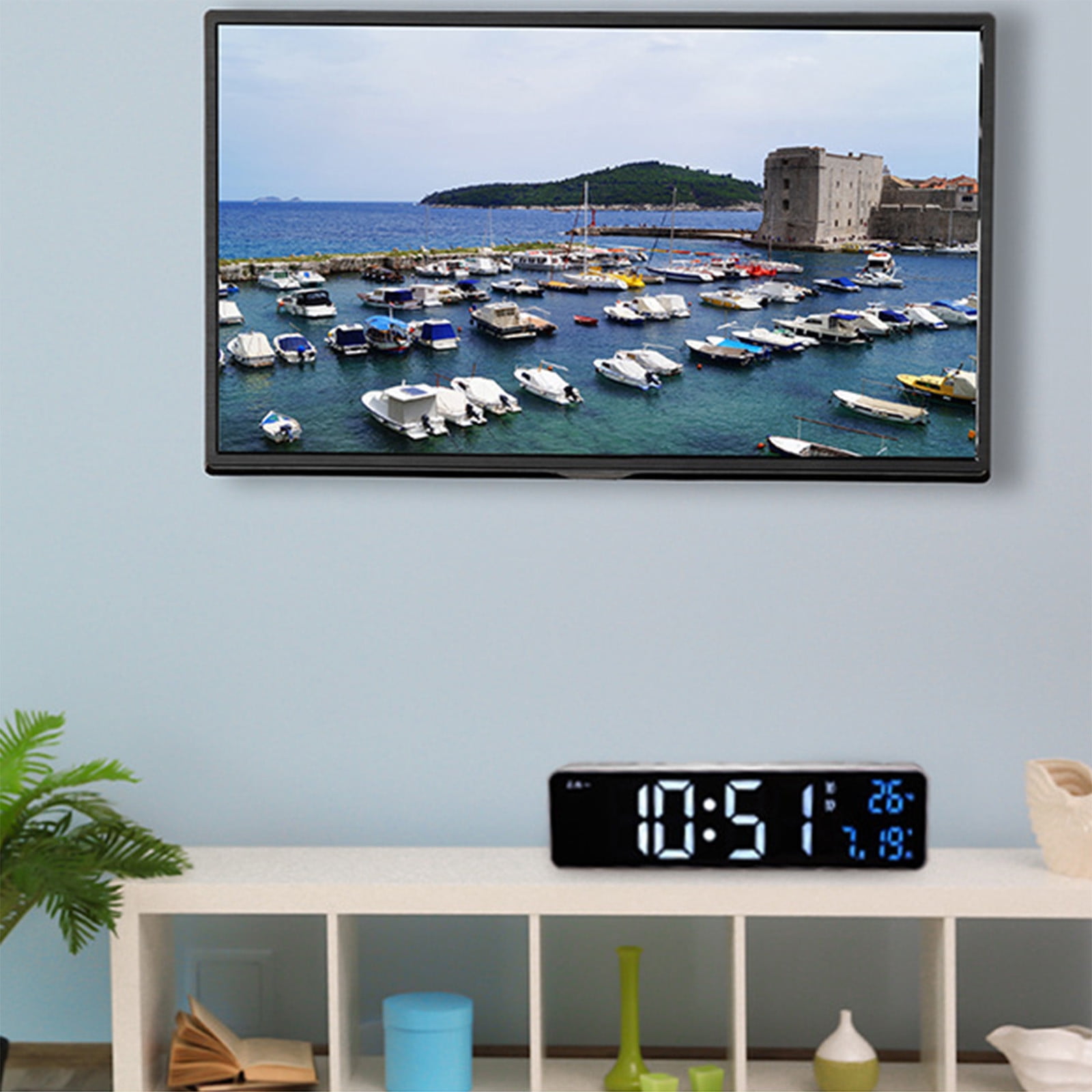 Foqnuq Large LED Digital Clock Alarm - Rechargeable Snooze Wall Clock - Date & Temperature Display - USB Powered - Perfect for Home & Office