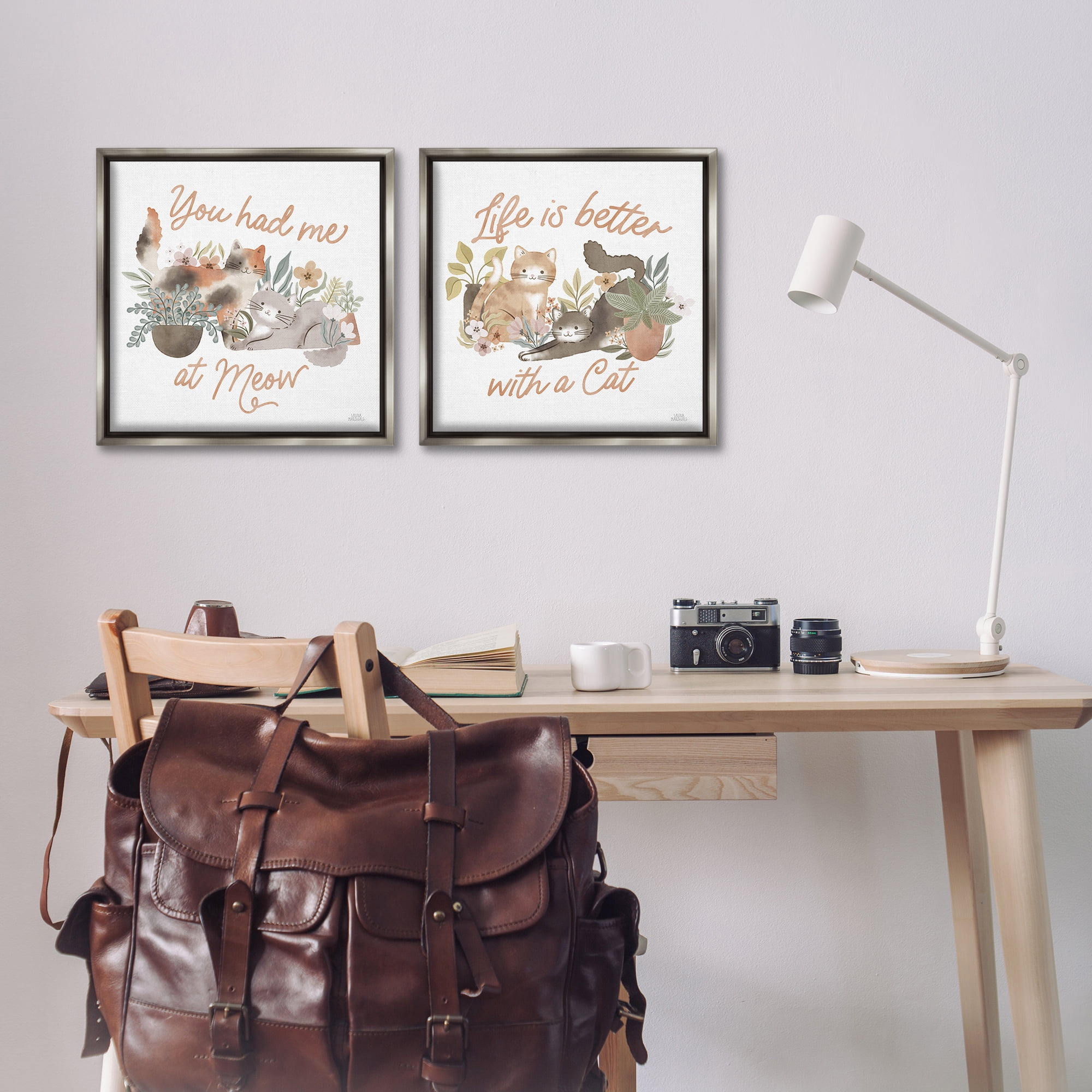 Stupell Industries Garden Friends Cat Phrases Animals Painting Gray Floater Framed Canvas Art Print Wall Art, 18 x 18, Set of 2