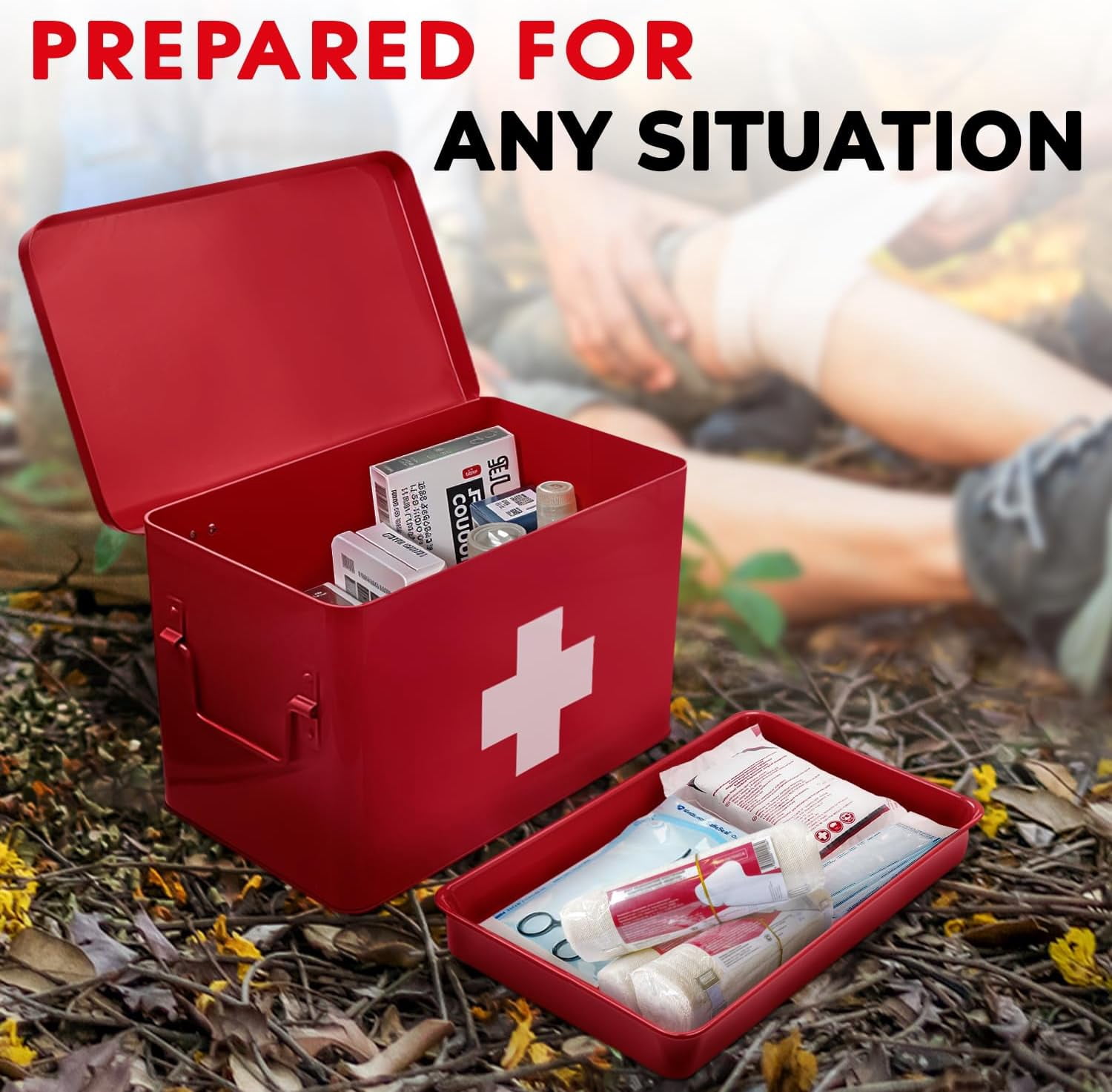 Plexon 8.5" Metal First Aid Box Empty, Medicine Storage Bin with Lid, Emergency Supplies Organizer, Portable First Aid Kit Case, Red