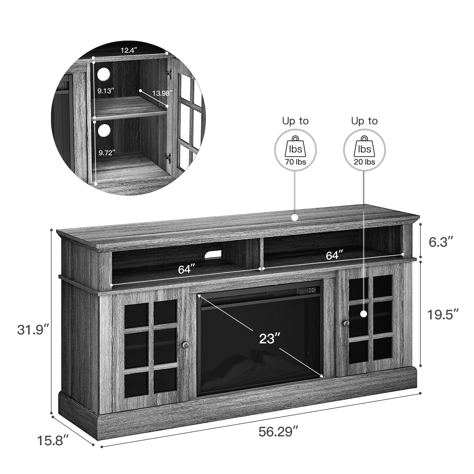 CHITOOMA 1400W Electric Fireplace TV Stand TV Console with 23 Fireplace for up to 65 inch TVs with Adjustable Shelves Grey