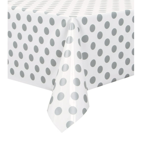 Plastic Silver Polka Dot Table Cover, 108" x 54"