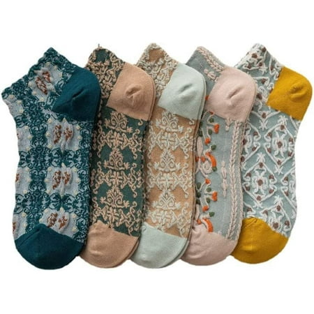 

DanceeMangoos 5 Pair Womens Floral Socks Cottagecore Vintage Embroidered Patterned Thin Mesh Elastic Crew Socks Cotton Lolita Socks