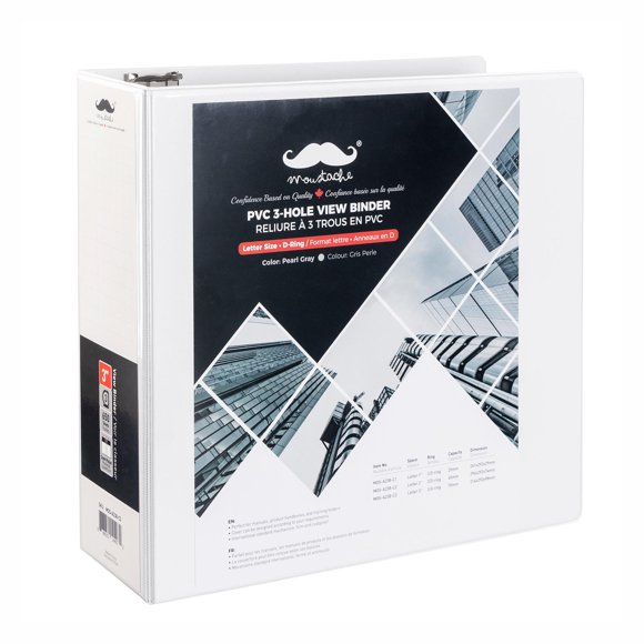 Moustache PVC 3-Hole View Binder, Letter Size, White - 2" D/3" D