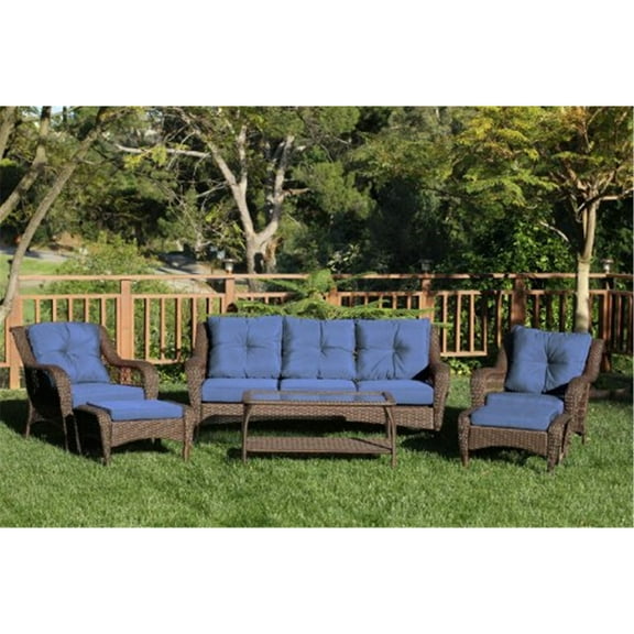Jeco 6 Piece Resin Wicker Outdoor Patio Seating Set in Espresso/Blue Cushions