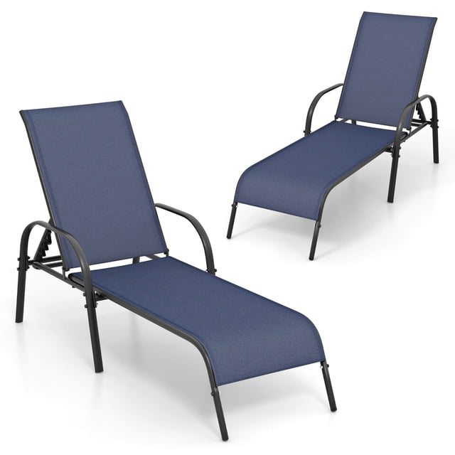 Gymax 2 Pcs Chaise Longue Inclinable Réglable avec Accoudoirs pour Patio Bleu Marine