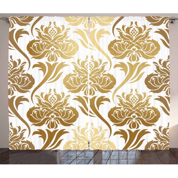 Ambesonne Damask Curtains 2 Panel Set, Ombre Abstract Floral, 108" x 108", Caramel and Pale Yellow