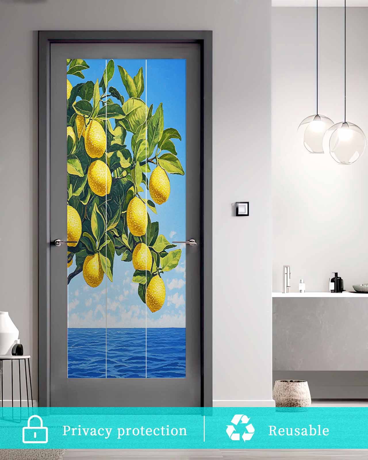 Window Privacy Film Coastal Lemon Stained Glass Window Film Decorative Sun Block Window Cover Summer Ocean Waves Fruit Trees Window Clings Static Adhesive Sticker for Bathroom 23.6"x59"