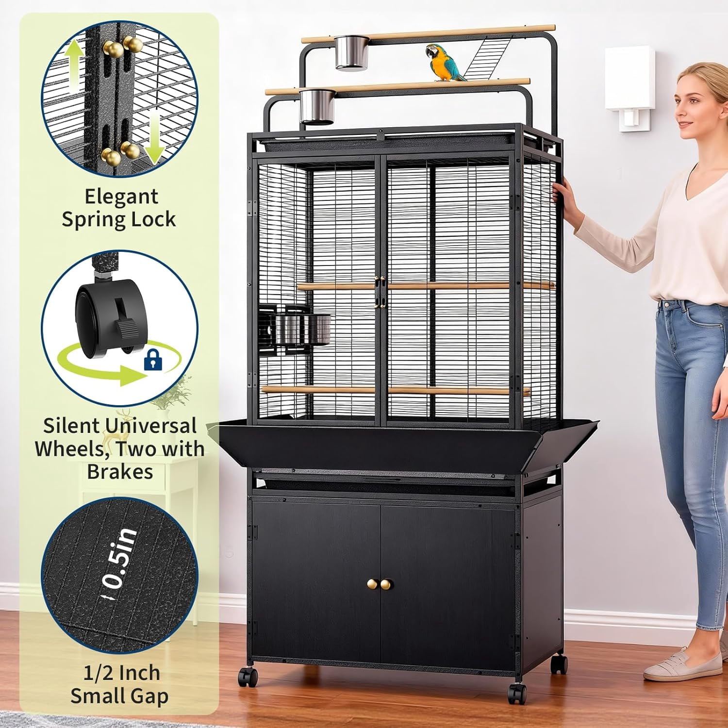 Rugerasy Large Rolling Metal Bird Cage with Play Top,Heavy Duty,Escape-Proof,Easy-Clean Tray,Storage Cabinet,Stand & Wheels,Black