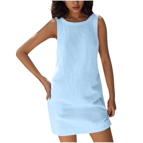 Qiopertar Cotton Sleeveless Dress for Women Casual Round Neck Pocket Dress Solid Color A-Line Comfy Summer Beach Vacation Travel Dress, Light Blue L