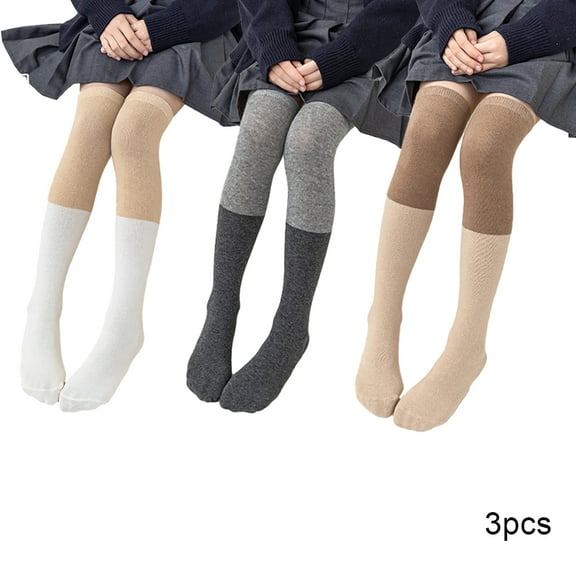 LYMAYTER Kids Girls Cotton High Socks 3 Pairs Toddler Colour Blocking Mid-Calf Sock Spring Fall Winter Casual Stacked Socks for 3-12 Years