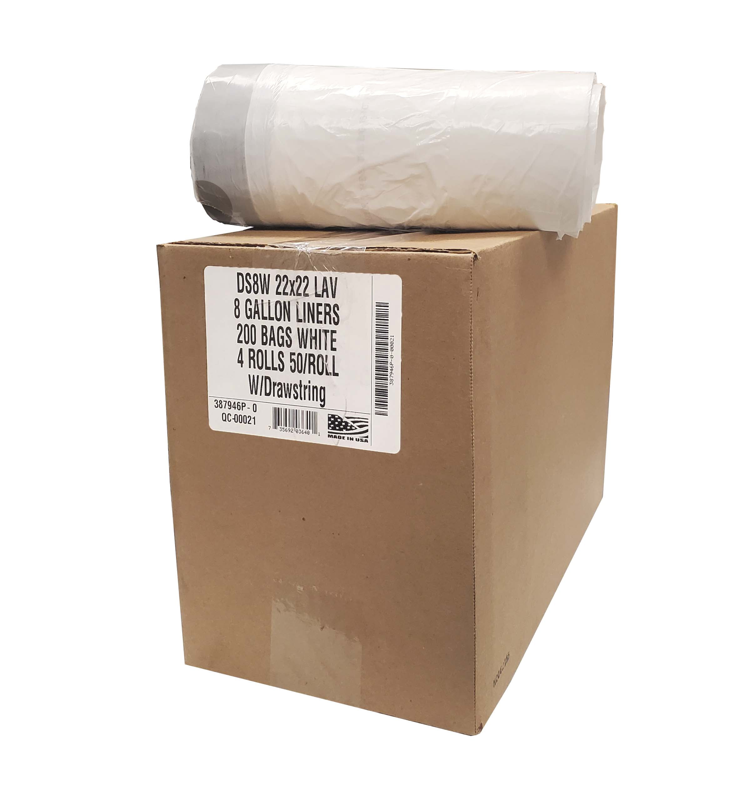 Aluf Plastics 8 Gallon 0.7 MIL White Drawstring Lavender Scented Trash Bags - 22" x 22" - Pack of 200 - For Home, Kitchen, Bathroom, & Office
