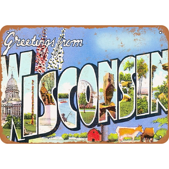 7 x 10 METAL SIGN - Greetings From Wisconsin - Vintage Rusty Look