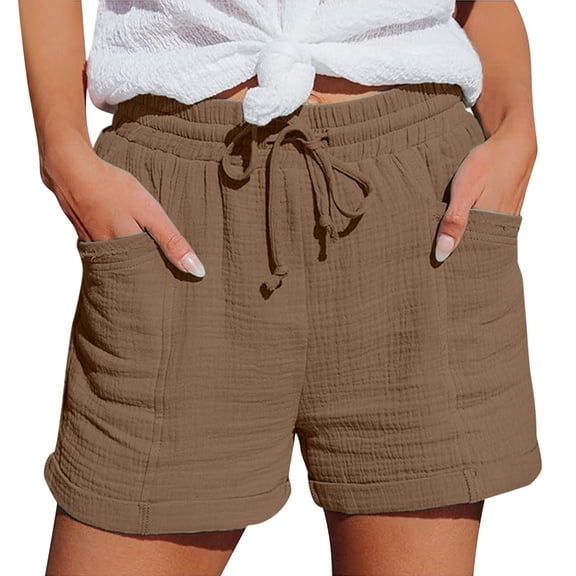 Nestiefly Summer Shorts for Women Cotton Linen Elastic Waist Shorts Drawstring Cotton Short Pants Casual Short Pants Wirh Pockets Coffee 2XL