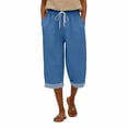 thumbnail image 4 of KDFJPTH Women's Striped Capri Pants Elastic Drawstring Waist Casual Everyday Trousers with Rolled Hem Light Blue S, 4 of 7