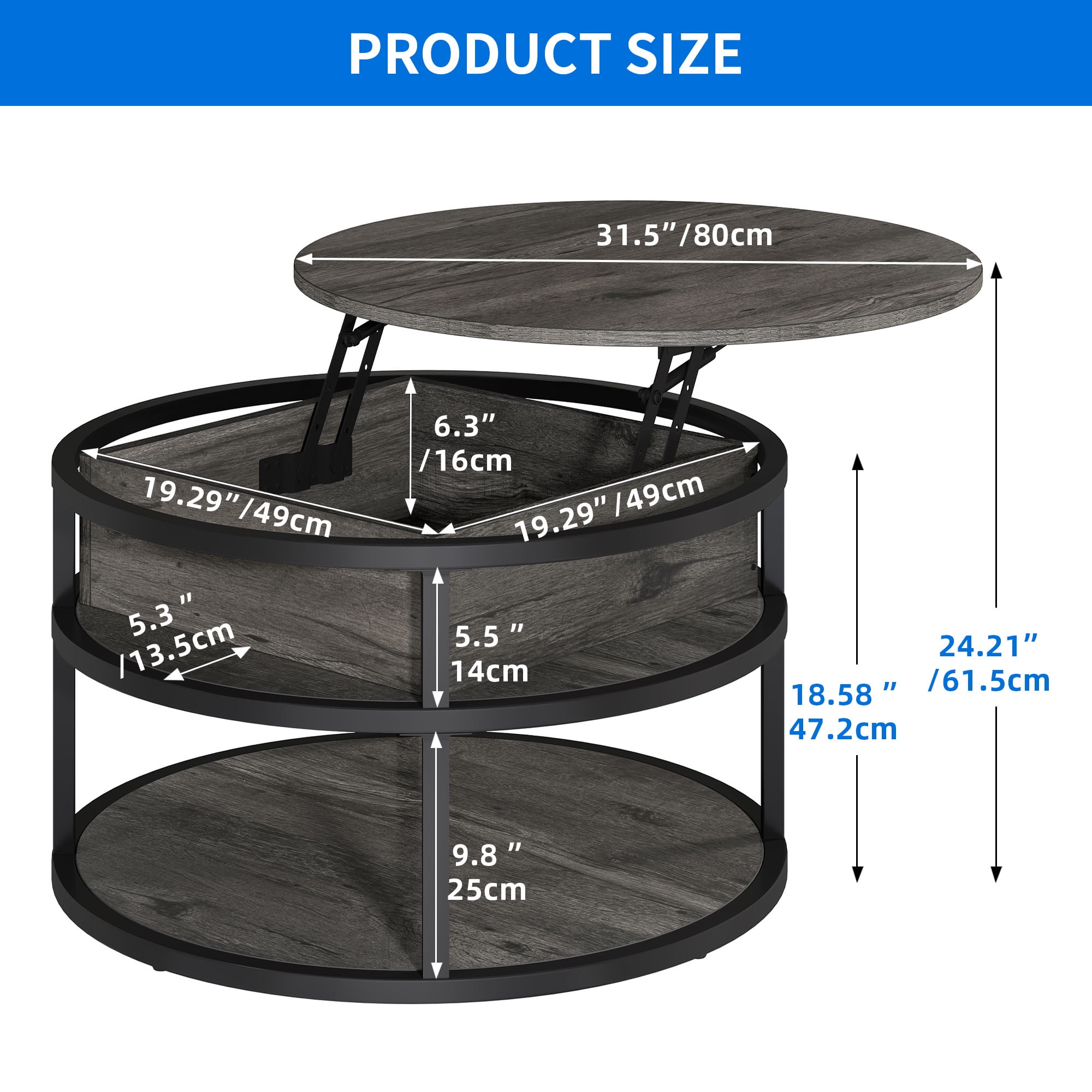 Dextrus Modern Lift Top Coffee Table with Storage, Round Center Tables for Living Room, Home Office, Gray