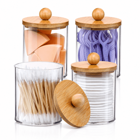4 Pack Qtip Holder with Bamboo Lids, 10 Oz Clear Plastic Apothecary Jar for Bathroom Cotton Swab Ball Pad Storage