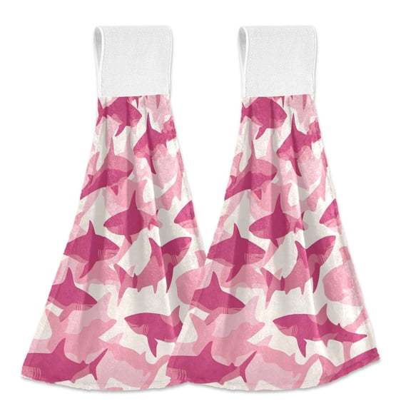 Haosy 2 Pack Kitchen Wash Cloths with Hanging Loops Absorbent Absorbent Quick Drying Hand Towels, Pink Shark Silhouette