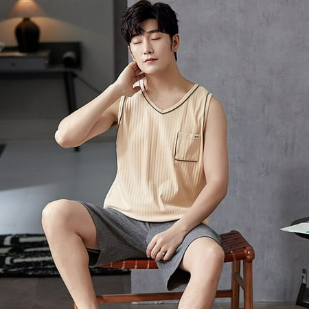 

QWZNDZGR Summer Men Pyjamas Knited Cotton Plaid Pajamas Set Casual Sleeveless Sleepwear Pyjamas Night Pijamas Plus Size 4XL Home Suits