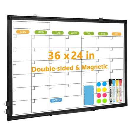 Magnetic Whiteboard Calendar Wall Dry Erase Calendar Board 36 X 24 Inches Planner Double Sided White Board with Eraser Markers and Magnets  Black Aluminium Frame