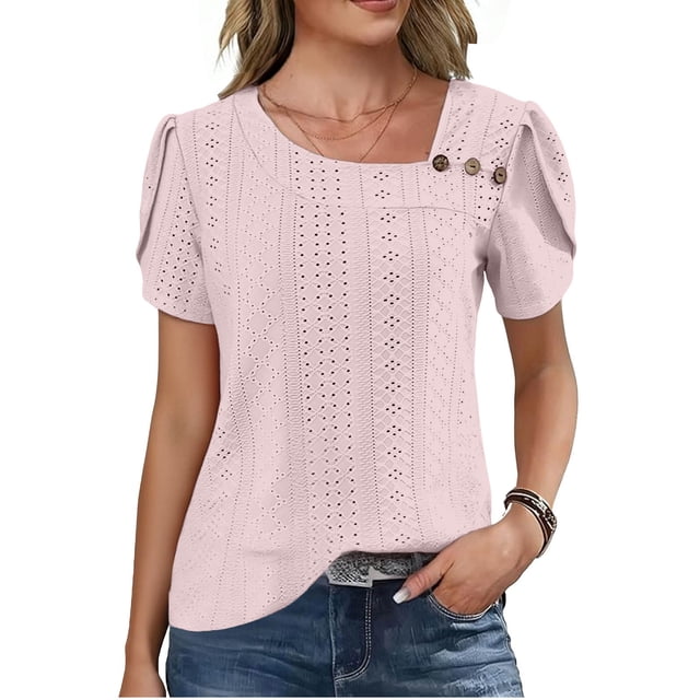 TaTaai 2026 Summer Women’s Pa Button Tee Irregular Neck Short Sleeve Cropped Blouse Casual Solid Color Fashion Top Cutout Polyester Daily Shirt Gift