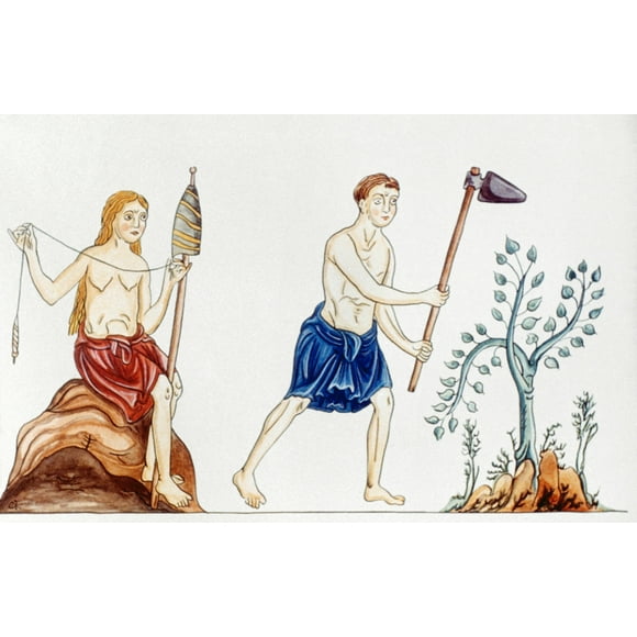 Adam & Eve, 12Th Century. /Nadam And Eve After The Fall. Manuscript Illumination From A "Hortus Deliciarum," Alsace, Late 12Th Century. Poster Print by  (24 x 36)