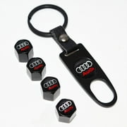 US85 Audi Logo Emblem Auto Car Wheel Tire Air Valve Caps Stem Dust Cover & Keychain Ring Accessories Decoration Birthday Gift (Black)
