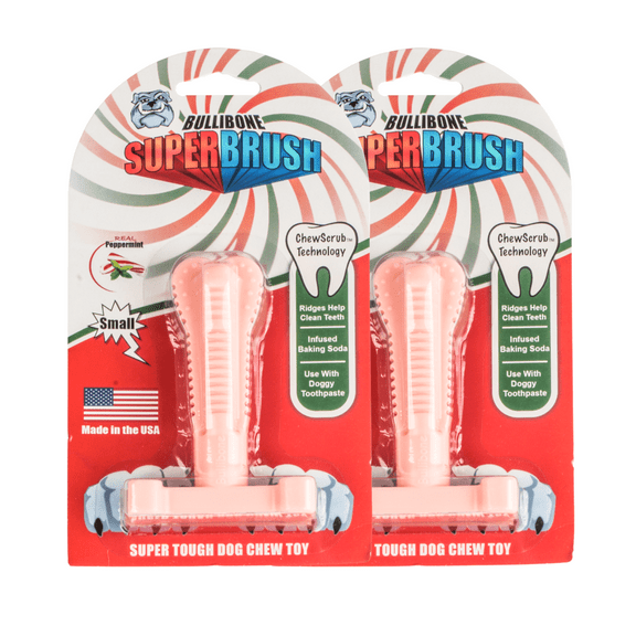 BULLIBONE Peppermint SuperBrush & Dental Chew Toy Set for Aggressive Chewers, Pink, small (2 Pack)