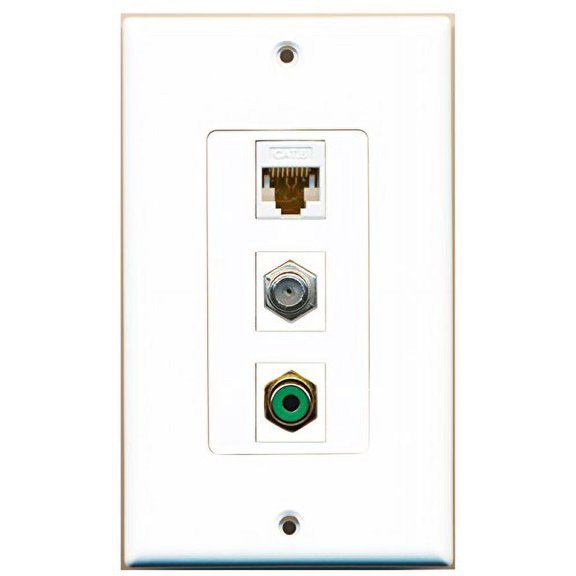 RiteAV - 1 Port RCA Green and 1 Port Coax Cable TV- F-Type and 1 Port Cat6 Ethernet White Decorative Wall Plate Decorative