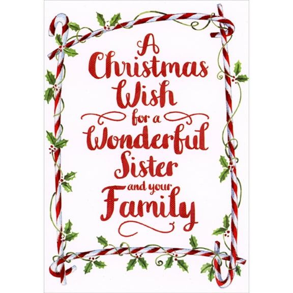 Designer Greetings A Christmas Wish: Red Letters on White with Candy Cane Border Christmas Card for Sister and Family