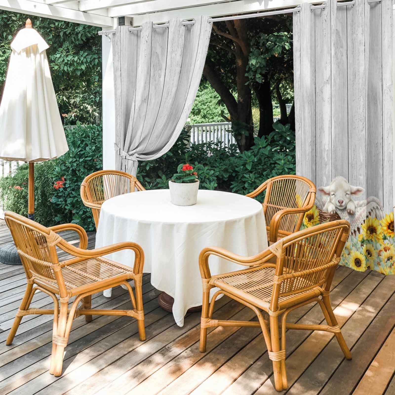 Farmhouse Outdoor Curtains for Patio, Farm Animals Cute Sheep Sunflower Wood Grain Sunshade Privacy Drapes Grommet Waterproof Outside Curtains for Porch/Cabana/Balcony 54"x 108", 1 Panel