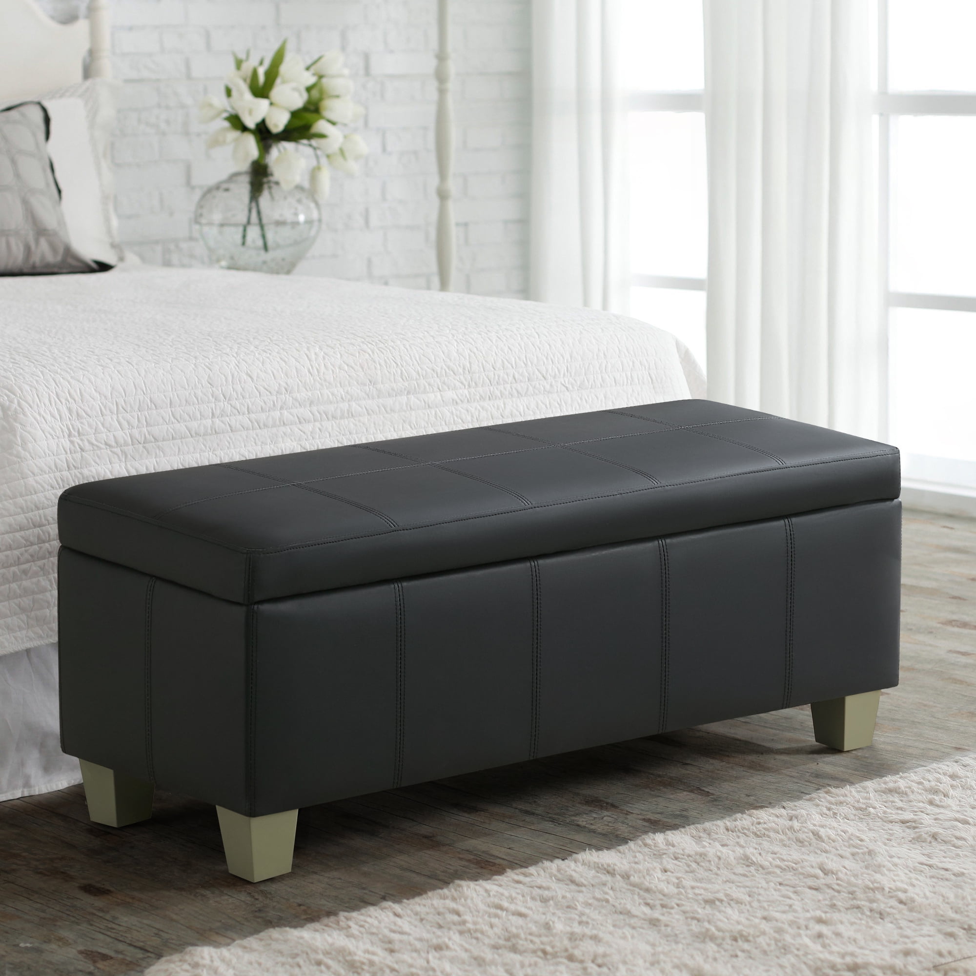 41'' Faux Leather Storage Ottoman Bench, Rectangle Upholstered Storage Bench with Wooden Legs, Stitch Tufted Bench with Storage for Bedroom, Living Room, Entryway, Dark Black