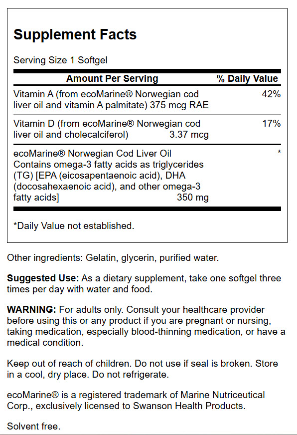 Swanson Cod Liver Oil - Wellness Supplement Promoting Bone, Skin Health, Vision Support & Immune System Function w/ High Absorption Vitamin A - (180 Softgels, 350mg Each) 2 Pack
