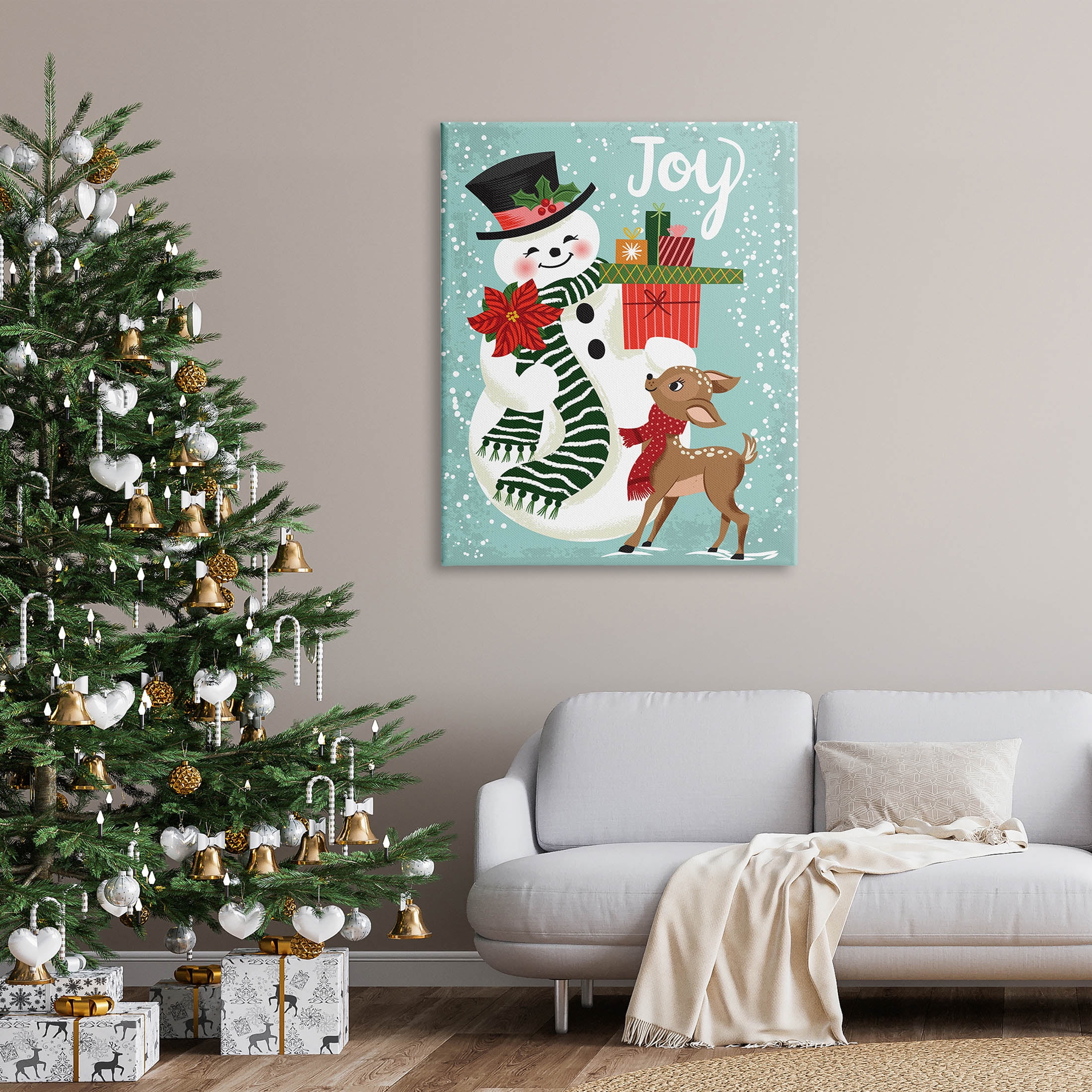 Joy Smiling Snowman Holiday Deer Holiday Graphic Art Gallery Wrapped Canvas Print Wall Art