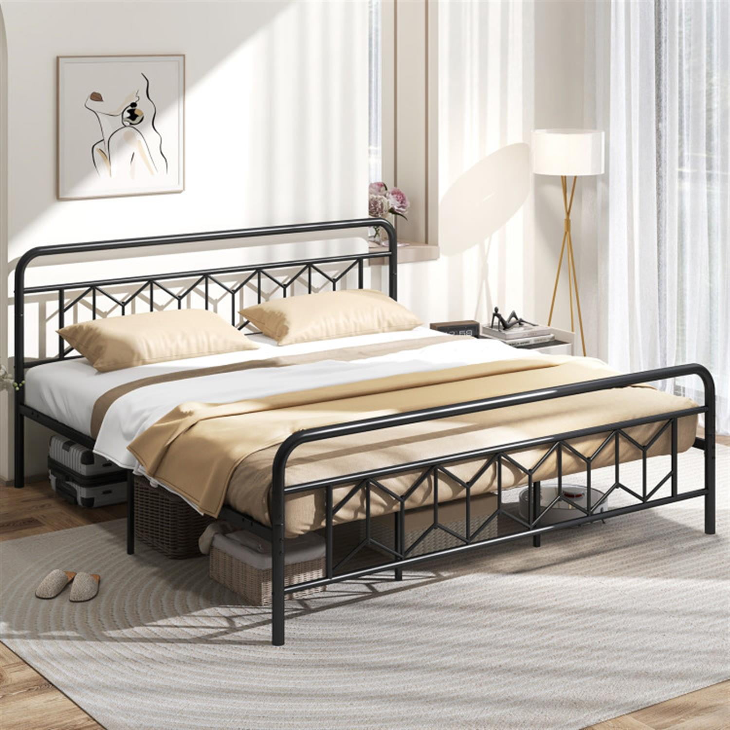 Demi Bonn King Size Bed Frame with High Headboard and Snap Lock Metal Slats, Platform Bed Frame with Under Bed Storage, No Box Spring Needed, Black